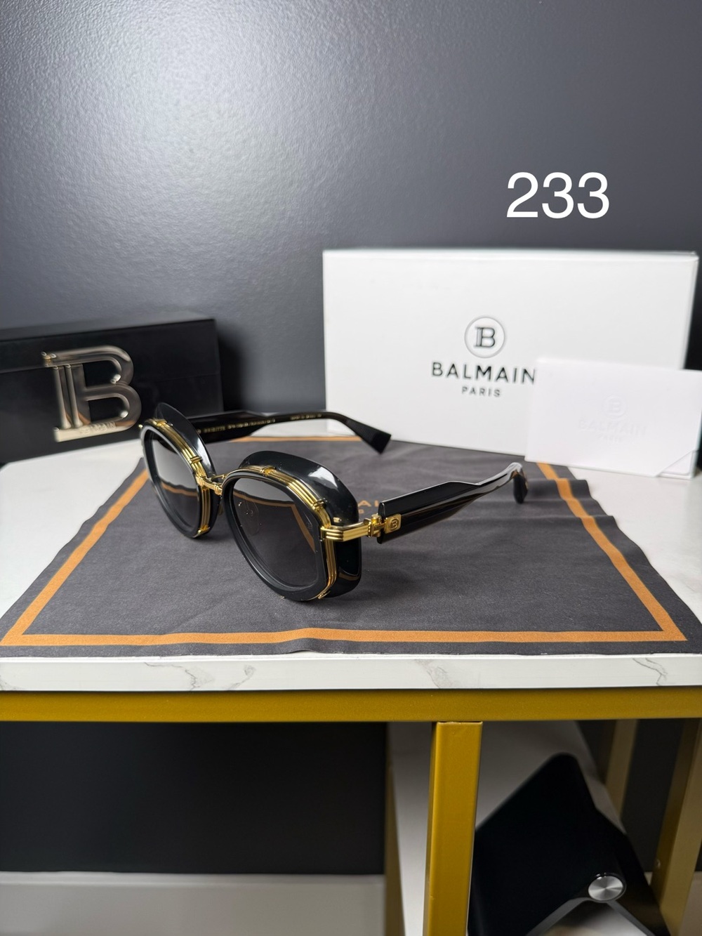 Balmain Black and Gold Round Frame Sunglasses